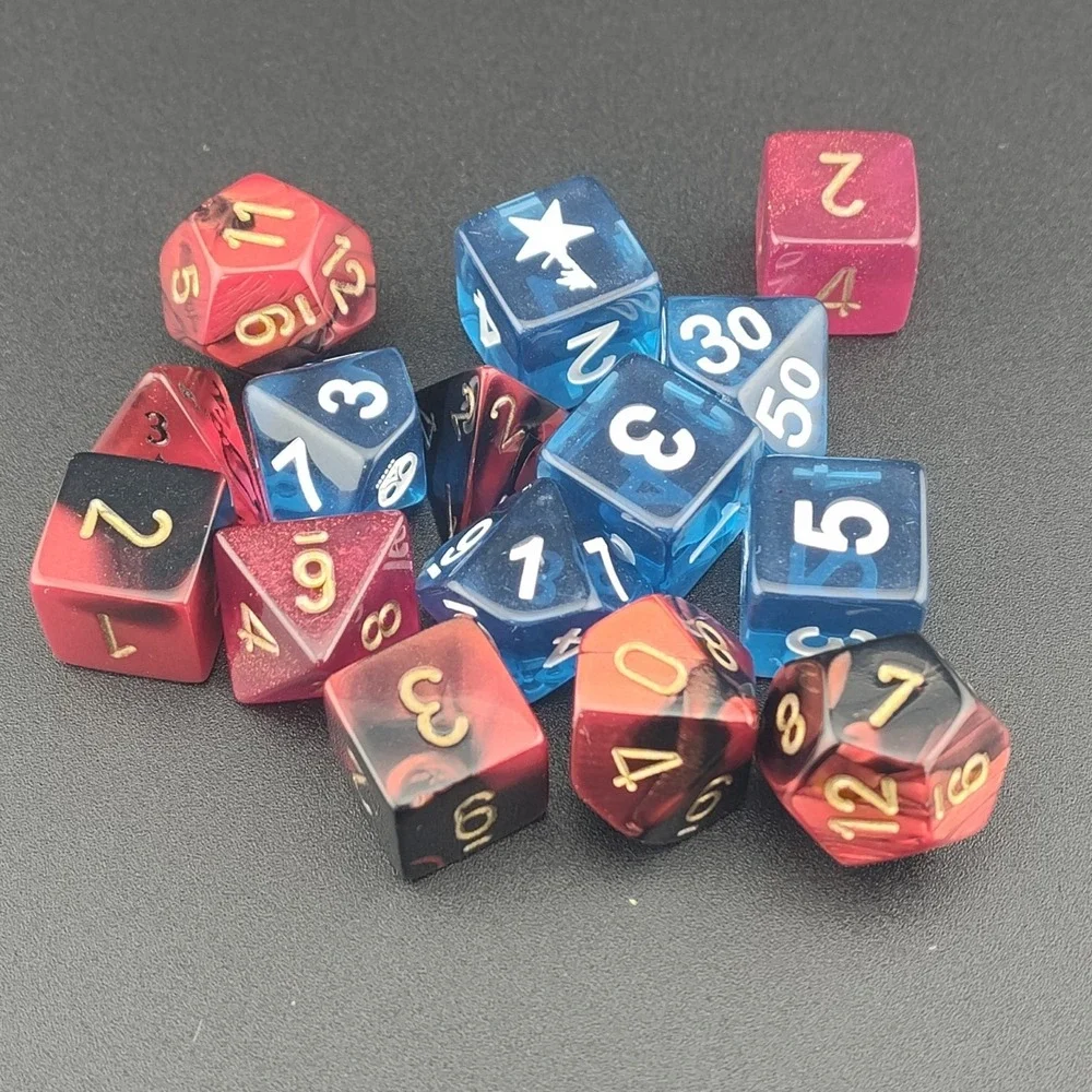 Chessex RPG dice mixed lot game play blue white gold black polyhedral triangle